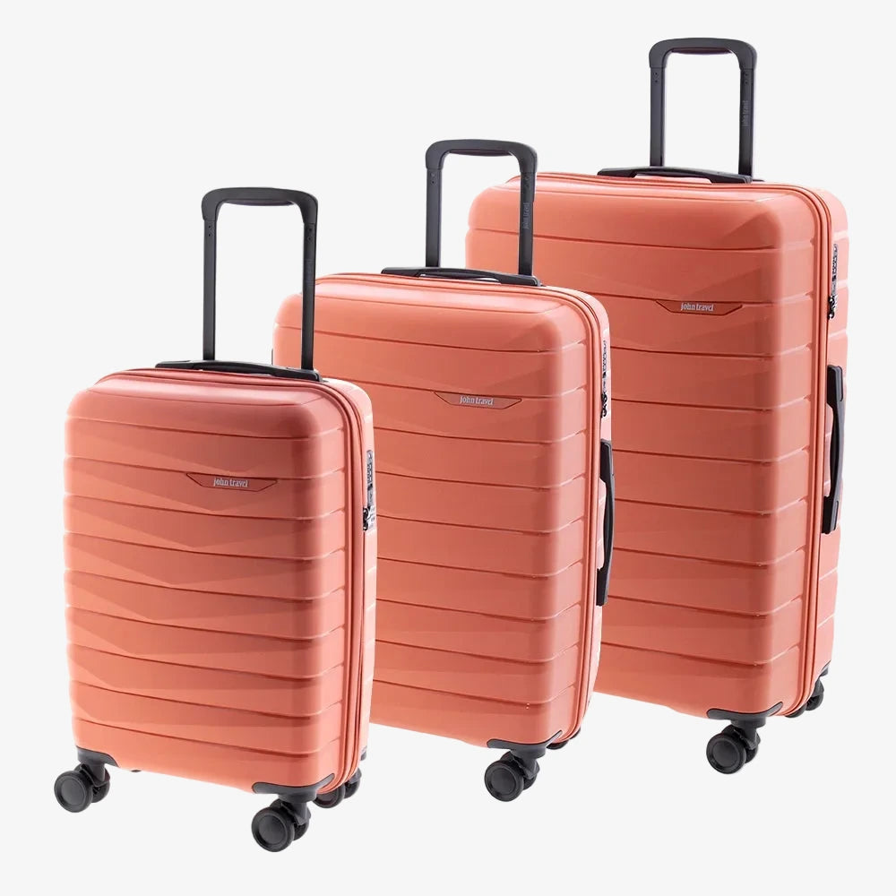 Juego de 3 maletas rígidas Splash de John Travel en color naranja, polipropileno con 4 ruedas dobles