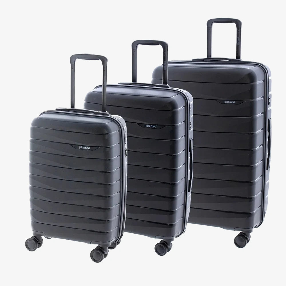 Juego de 3 maletas rígidas Splash de John Travel en color negro, polipropileno con 4 ruedas dobles